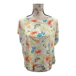 NWT JOIE Linen Knit Boho TOP Blouse Shirt Tee Stretch crop Short L Flower design